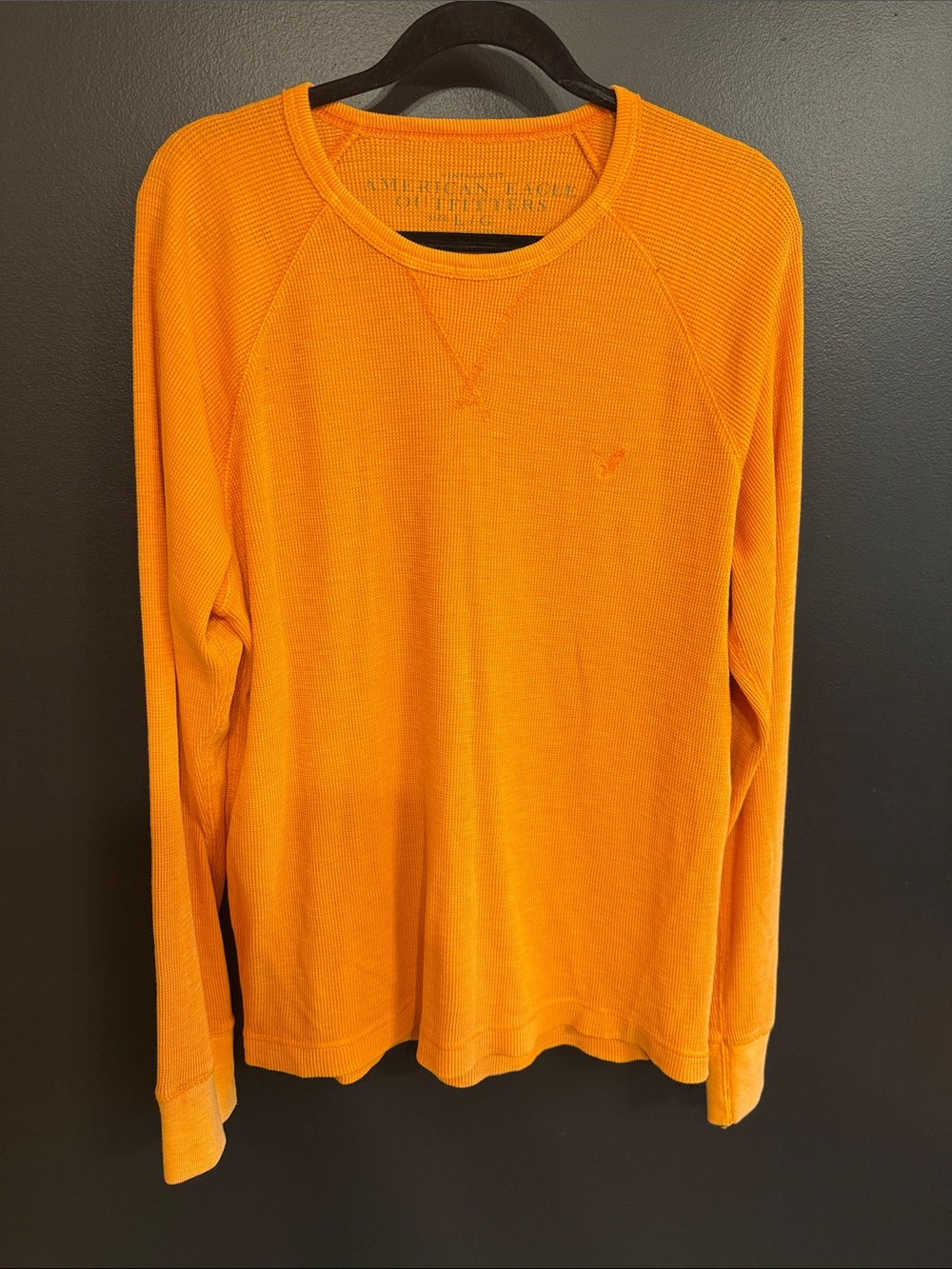 American Eagle Men's Orange Waffle-Knit Long Sleeve Sweater